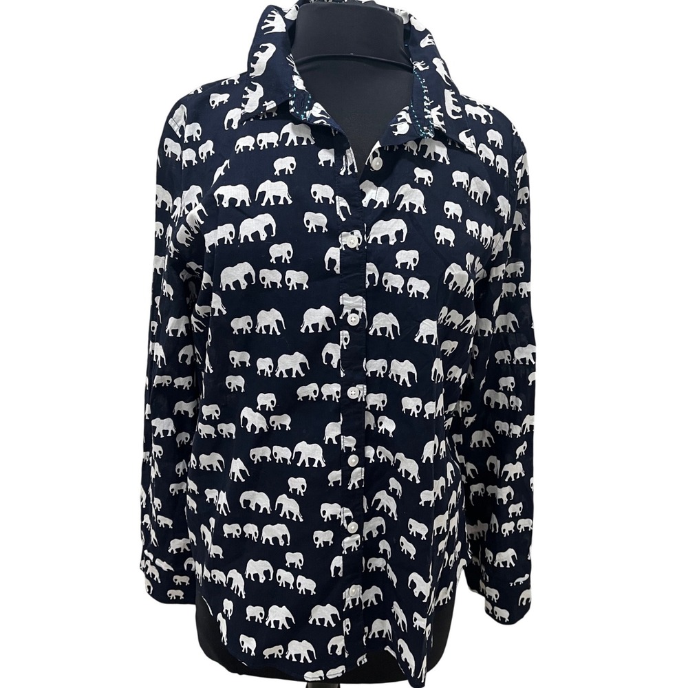 Crown & Ivy Womens Navy Blue White Elephant Print Button Down Shirt Large